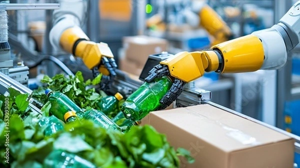 Obraz Recycling methods featuring AI-assisted robotic arms in automated recycling centers for efficiency