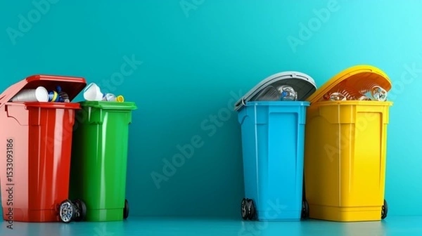 Obraz Recycling methods illustrated for separating plastics, glass, and paper at home with labeled bins