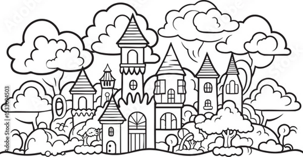 Fototapeta A coloring page of a whimsical fantasy village with many towers and fluffy trees.