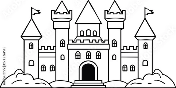 Fototapeta A line art coloring page featuring a grand, symmetrical medieval castle.
