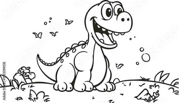 Fototapeta A kids' coloring page featuring a happy and energetic cartoon dinosaur.