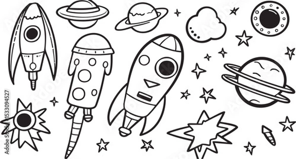 Fototapeta A set of space-themed doodles for a kids' coloring page or activity sheet.