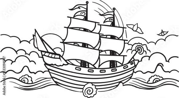 Fototapeta A line art illustration of a sailing ship at sea, designed as a coloring page.