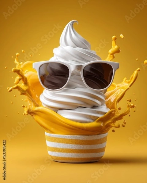 Fototapeta Yogurt cup wearing sunglasses on yellow background playful summer concept with fun artwork styling.