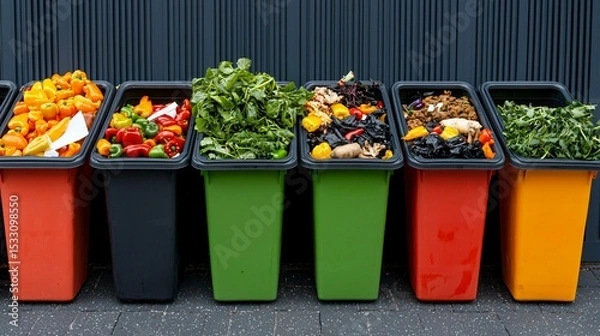 Obraz Office trash sorting system separating paper, e-waste, food scraps, and plastics for sustainability