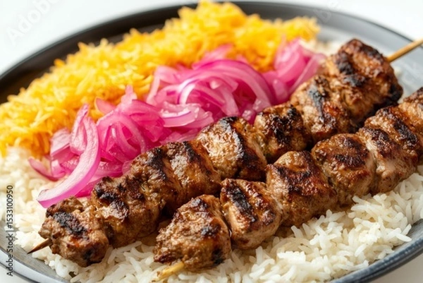 Fototapeta Succulent chelo kabab bakhtiari with mixed chicken and lamb skewers served over fragrant rice and garnished with pink pickled onion