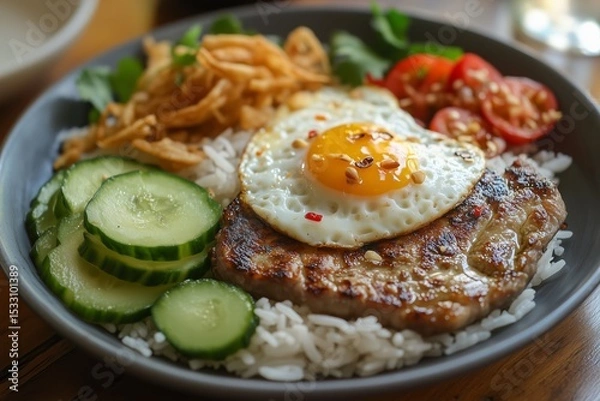 Obraz Delicious com tam with grilled pork chop, crispy fried egg, pickles, and a drizzle of savory fish sauce, enjoyed in a cozy dining setting