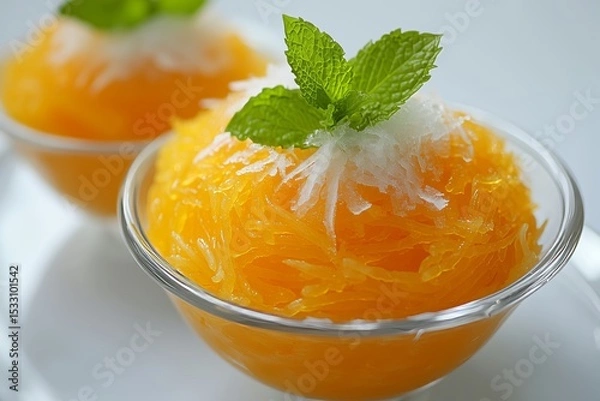 Fototapeta Saffron and rosewater faloodeh served with shaved ice and mint garnish in a clear bowl on a white background