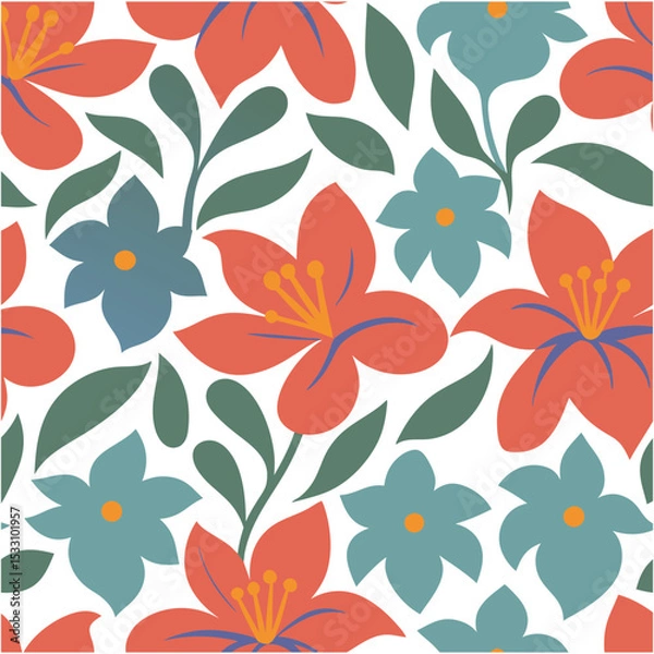 Fototapeta Seamless floral pattern featuring stylized flowers in a modern color palette for design projects