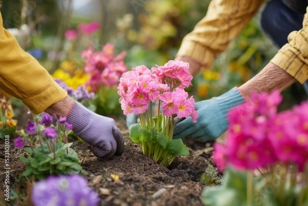 Fototapeta Planting Pink Primrose Flowers: Person gardening with gloves and trowel in soil, tending spring blossoms in garden.