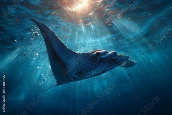 Fototapeta Manta Ray swims serenely in blue ocean waters illuminated by sunlight filtering down from the surface, teeming with fish.