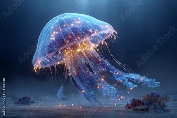 Fototapeta Glowing Jellyfish gracefully floats through ocean depths surrounded by coral reef; bioluminescence and serene marine environment enhance dreamlike quality