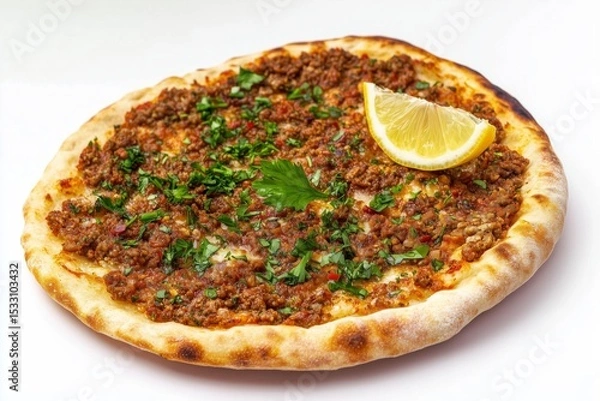Fototapeta Delicious lahmacun with minced meat topping and lemon wedge served on a crispy flatbread against a white background