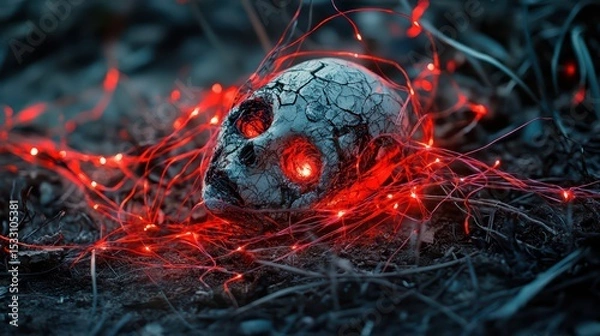 Fototapeta A broken puppet lying on the ground with its strings tangled in a chaotic heap of glowing red threads