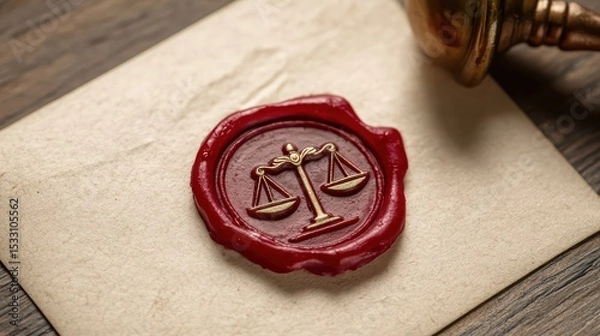 Obraz A classic wax seal in deep red with a raised emblem of scales of justice on a cream-colored envelope