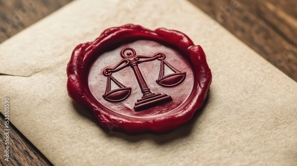 Obraz A classic wax seal in deep red with a raised emblem of scales of justice on a cream-colored envelope