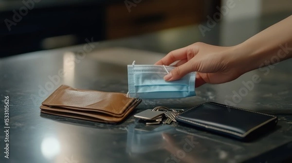 Obraz A clear scene of a hand placing a face mask on a countertop next to a set of house keys and wallet