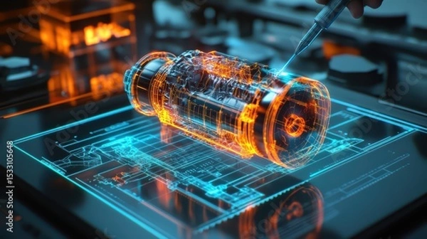 Fototapeta A close-up of a CAD interface with a rendered engine block model, colorful axis markers, and measurement annotations overlaid, as a designers stylus hovers above a graphics tablet