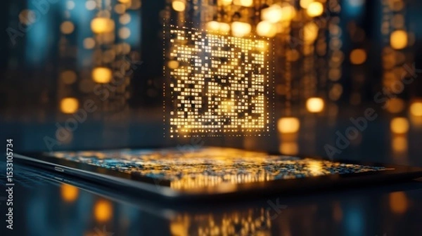 Obraz A close-up of a QR code being scanned on a tablet, with reward points tallying up in golden numbers above the screen