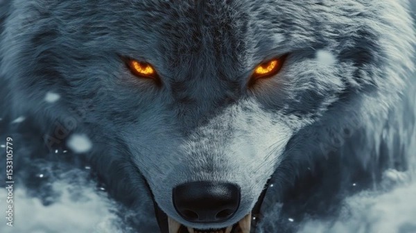 Obraz A close-up of white fleece parting to reveal fierce wolf teeth and glowing amber eyes