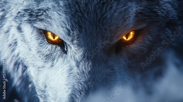 Obraz A close-up of white fleece parting to reveal fierce wolf teeth and glowing amber eyes
