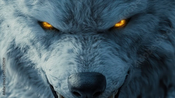 Obraz A close-up of white fleece parting to reveal fierce wolf teeth and glowing amber eyes