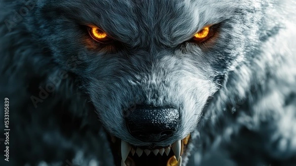 Obraz A close-up of white fleece parting to reveal fierce wolf teeth and glowing amber eyes