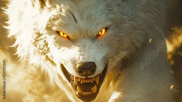 Obraz A close-up of white fleece parting to reveal fierce wolf teeth and glowing amber eyes