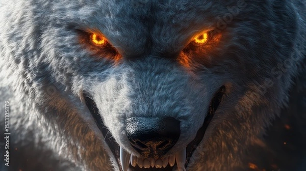 Obraz A close-up of white fleece parting to reveal fierce wolf teeth and glowing amber eyes