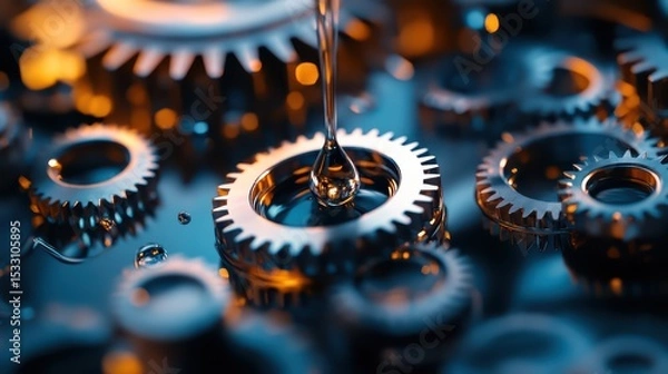 Obraz A cluster of interlocking gears in gradient steel tones, a vibrant drop of oil falling toward the central cog as light glints off the metal surfaces