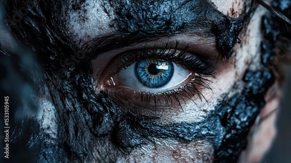 Obraz A close-up of wide, wild eyes surrounded by smeared charcoal makeup and tachycardia veins pulsing across pale skin