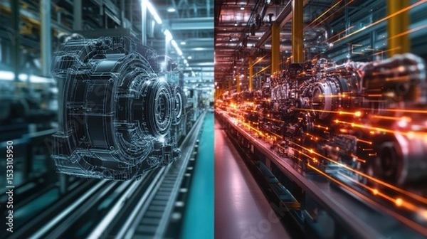 Obraz A creative split-screen banner showing on the left a detailed 3D engine model in CAD and on the right a real-world assembly line in a digital manufacturing plant, connected by data flow lines