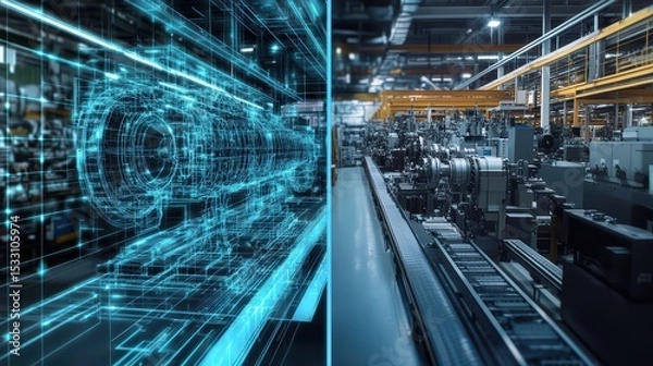 Obraz A creative split-screen banner showing on the left a detailed 3D engine model in CAD and on the right a real-world assembly line in a digital manufacturing plant, connected by data flow lines