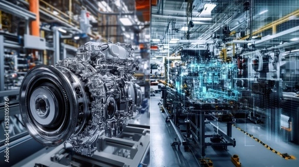 Fototapeta A creative split-screen banner showing on the left a detailed 3D engine model in CAD and on the right a real-world assembly line in a digital manufacturing plant, connected by data flow lines