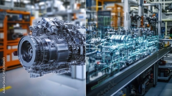 Obraz A creative split-screen banner showing on the left a detailed 3D engine model in CAD and on the right a real-world assembly line in a digital manufacturing plant, connected by data flow lines
