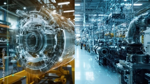 Obraz A creative split-screen banner showing on the left a detailed 3D engine model in CAD and on the right a real-world assembly line in a digital manufacturing plant, connected by data flow lines