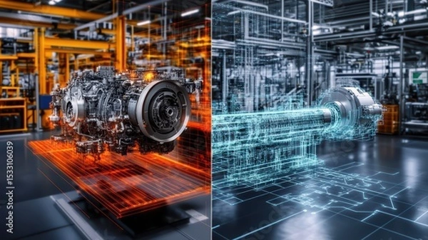 Fototapeta A creative split-screen banner showing on the left a detailed 3D engine model in CAD and on the right a real-world assembly line in a digital manufacturing plant, connected by data flow lines
