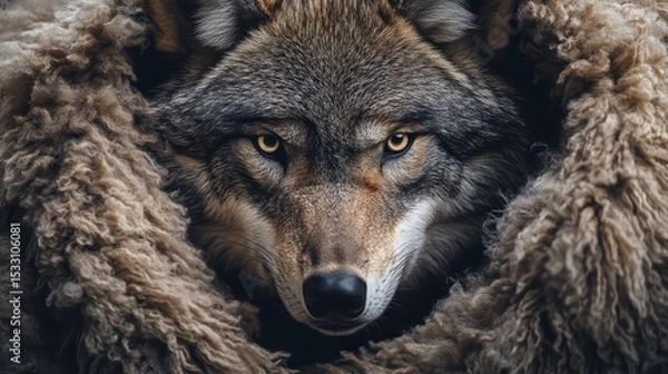Obraz A cunning wolfs face emerging from beneath a tattered sheep pelt draped over its shoulders