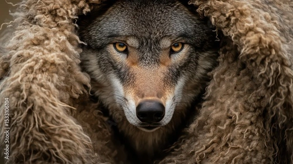Obraz A cunning wolfs face emerging from beneath a tattered sheep pelt draped over its shoulders