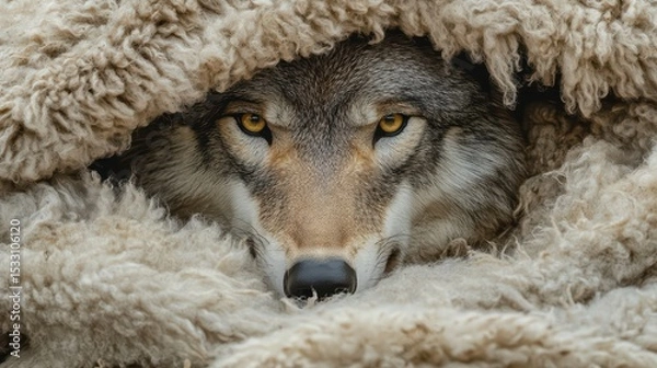 Obraz A cunning wolfs face emerging from beneath a tattered sheep pelt draped over its shoulders
