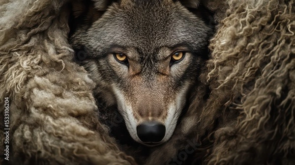 Obraz A cunning wolfs face emerging from beneath a tattered sheep pelt draped over its shoulders