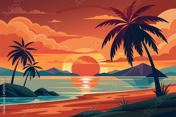 Fototapeta Tropical sunset paints the beach with silhouettes of palm trees, inviting a perfect summer vacation on the island paradise