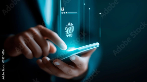 Fototapeta Businessman Entering Password on Smartphone – Cybersecurity, Biometric Authentication, Lock Icon, Fingerprint ID, Data Privacy, Secure Access, Mobile Tech Security