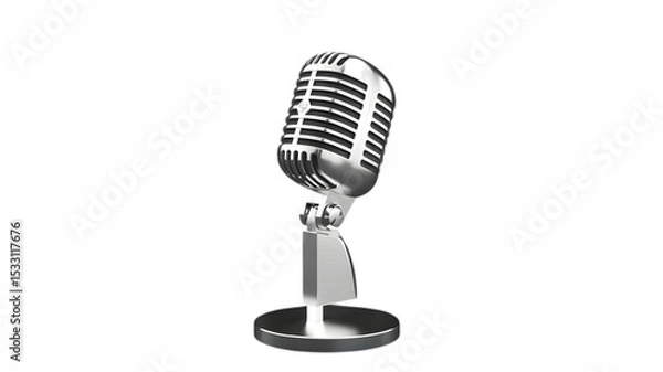 Fototapeta A gleaming silver vintage microphone stands against a stark black background in a studio setting