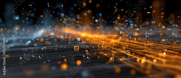 Fototapeta Glowing network city of digital data