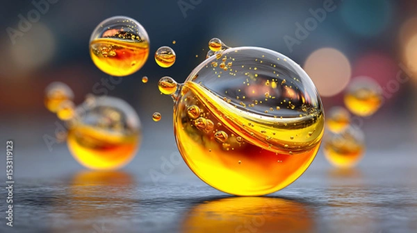 Fototapeta Golden liquid orbs resting on reflective surface