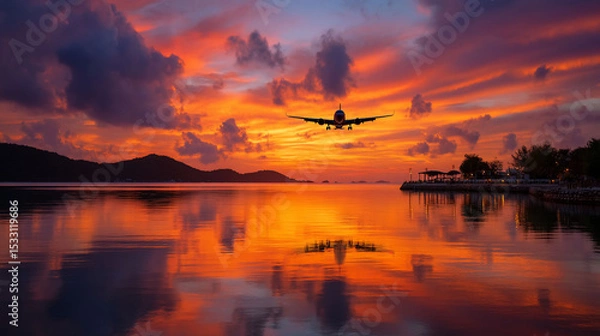Fototapeta Plane descends towards a fiery sunset