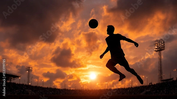 Fototapeta Silhouetted soccer player leaps toward sun