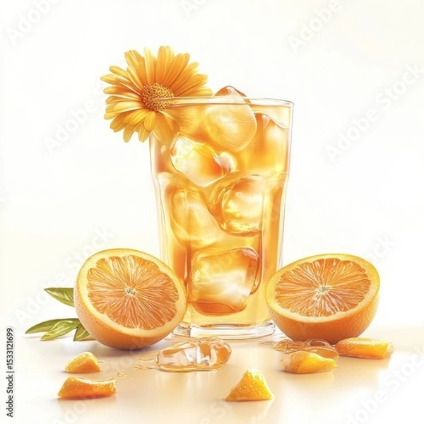 Fototapeta Iced tea in tall glass with ice cubes, garnished with orange slices and a yellow daisy, sits on a white background