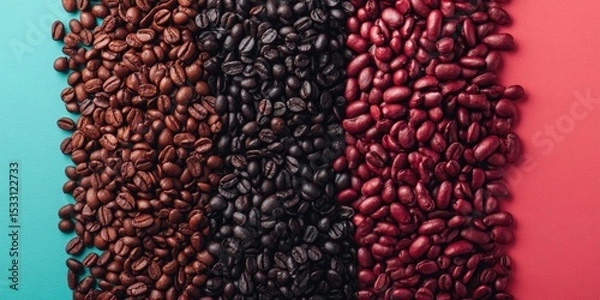 Fototapeta Three vertical stripes of coffee beans and red beans on a teal and coral background